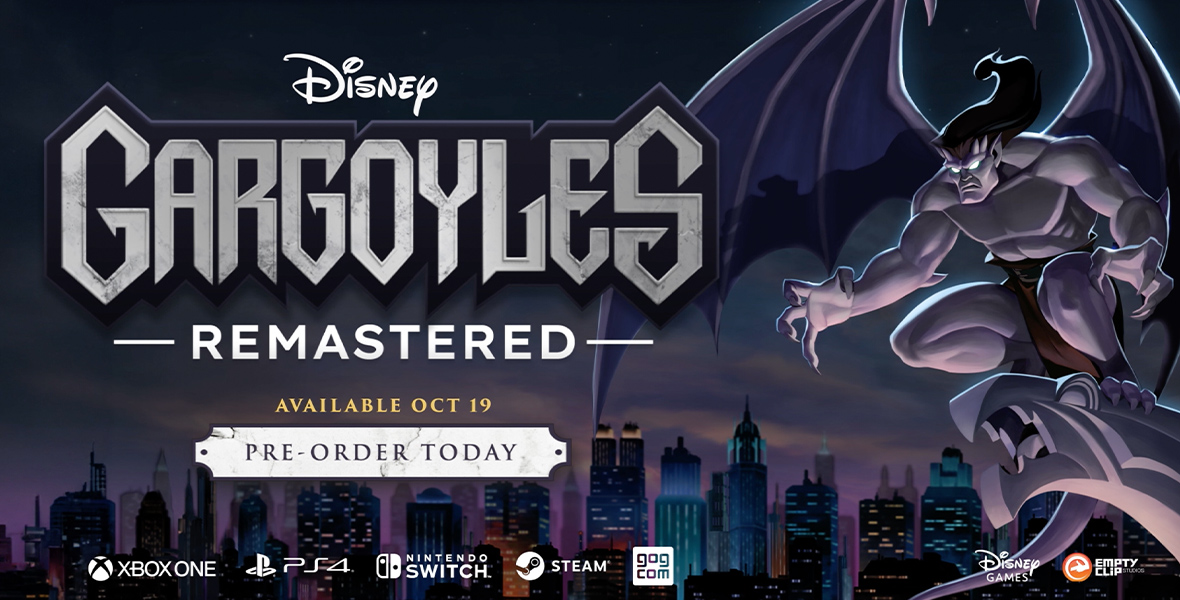 The logo for Gargoyles Remastered, against an animated image of a cityscape. On the right side of the city is the gargoyle Goliath, perched on the edge of a roof.