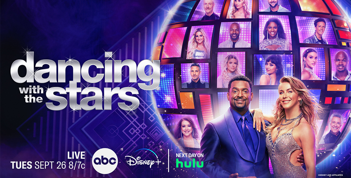 Julianne Hough, who is wearing a silver rhinestone dress, and Alfonso Ribeiro, who is wearing a purple suit, stand in front of a disco ball with the faces of the celebrities in the squares. Both are smiling. On the left side dancing with the stars is written in silver and below that Live Tuesday September 26 is written in white with the ABC, Disney, and Hulu logos next to that.
