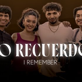 From left to right: Ghetto Film School alumni Alejandro Enrique, Alyse Arteaga, Tommy Espinal, and Kian Cloma smile in a photo to promote “Yo Recuerdo/I Remember.”