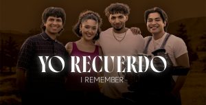 From left to right: Ghetto Film School alumni Alejandro Enrique, Alyse Arteaga, Tommy Espinal, and Kian Cloma smile in a photo to promote “Yo Recuerdo/I Remember.”