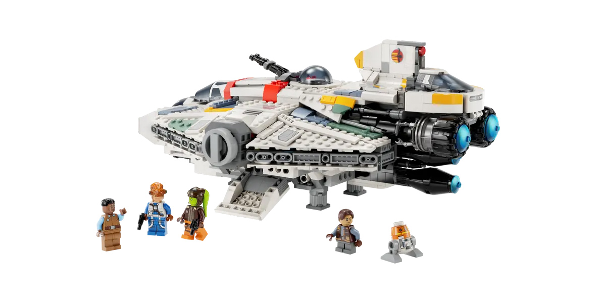 A LEGO version of the ship Ghost, along with five mini figures, including Hera and her droid Chopper.