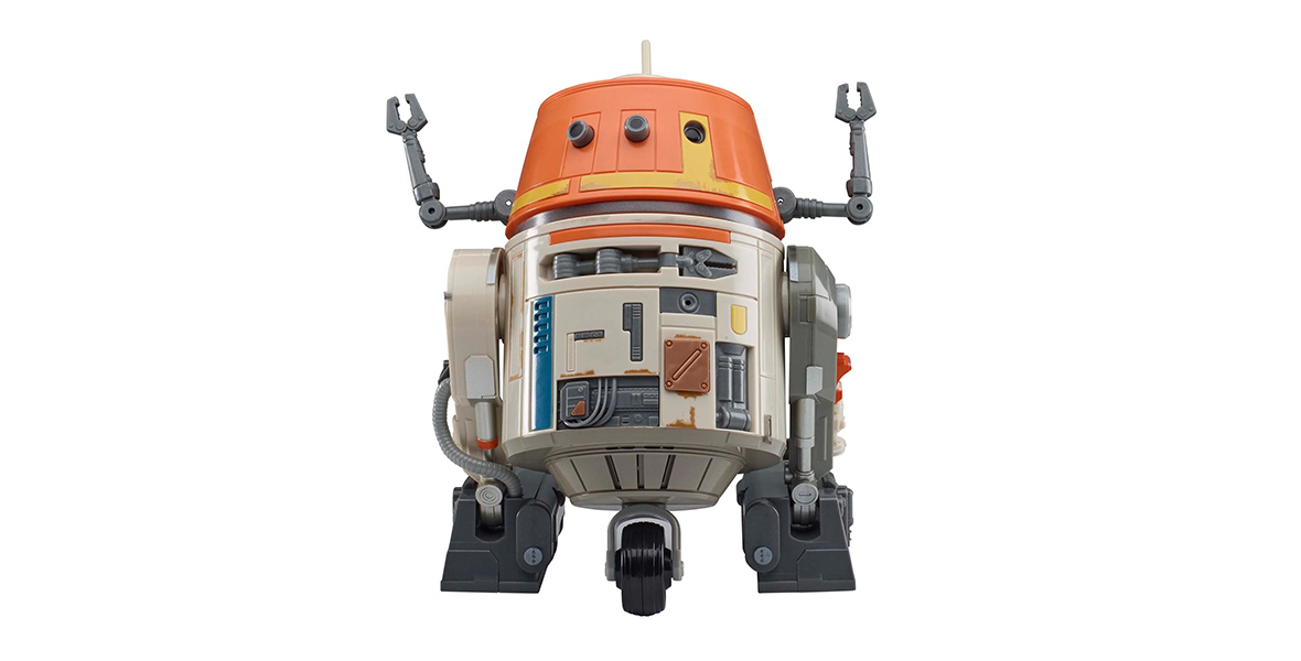 A toy version of Chopper, a white and orange astromech droid