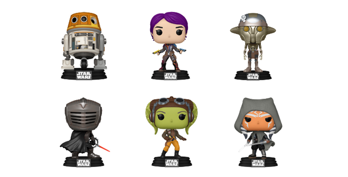 Six Funko Pop! Figures against a white background, in two rows. The first row features the figures of Chopper, Sabine, and Huyang. The second row features Marrock, Hera, and Ahsoka.