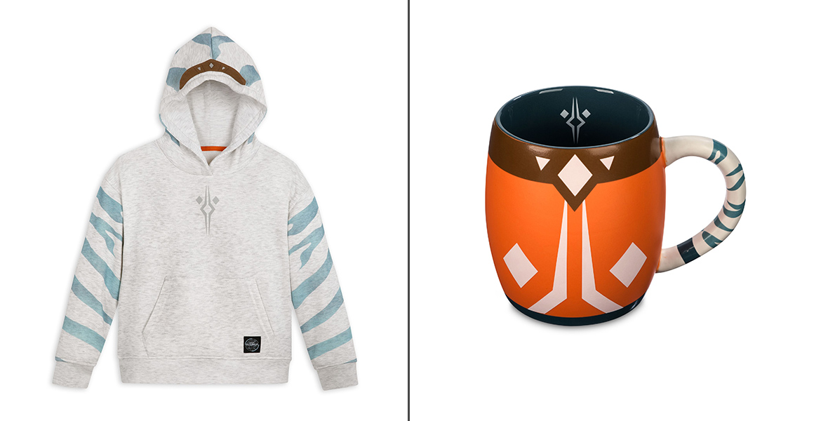 A gray hoodie with blue stripes on the arms and sleeves in the style of Ahsoka’s markings. An orange mug with a blue and white striped handle, also designed to mimic the markings on Ahsoka’s head.