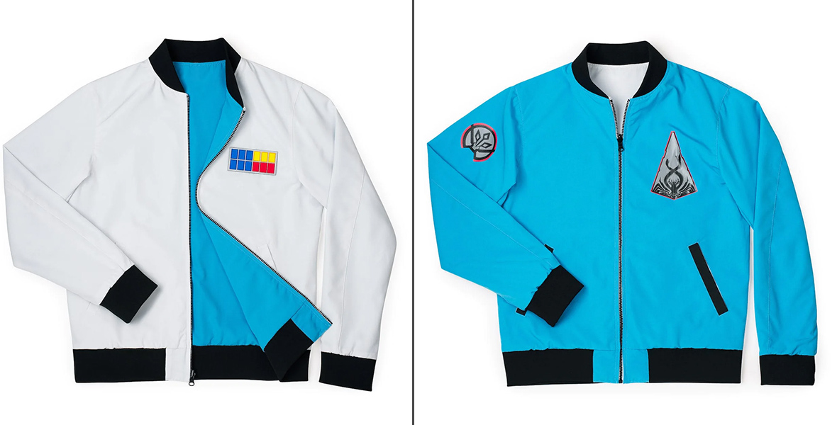 Two images of the same reversable jacket, to display both sides. The left is a white jacket with Imperial rank insignia, while the right is a blue jacket with Chimaera Star Destroyer logos. Both are styled to look like jackets the character Thrawn wears in Star Wars media. 