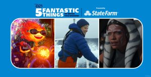 Left: In an image from the Disney and Pixar film Elemental, Ember (voiced by Leah Lewis) is riding a motorcycle through Element City. She’s wearing goggles, and her whole body is aglow. There are fireworks in the sky behind her, and the city streets on either side. Middle: In an image from Animals Up Close with Bertie Gregory, the explorer stands on board the Australis, looking over the edge of the ship, as it’s sailing through choppy waters. He’s wearing a blue puffy jacket and red pants, and is smiling broadly. Right: In an image from Lucasfilm’s Ahsoka, Ahsoka Tano (Rosario Dawson) is inside a ship, looking out at something off camera to the left.