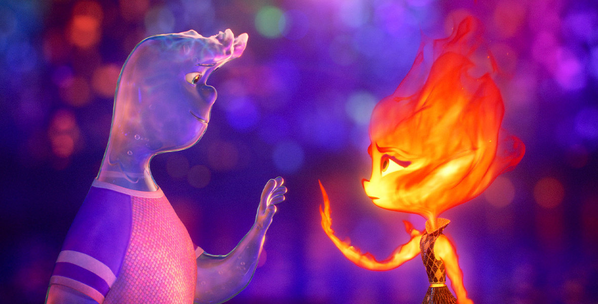 In an image from Disney and Pixar’s Elemental, Wade (voiced by Mamoudou Athie), left, and Ember (voiced by Leah Lewis), right, are standing facing each other and about to touch hands, looking into each other’s eyes. The background is sparkly and purple.