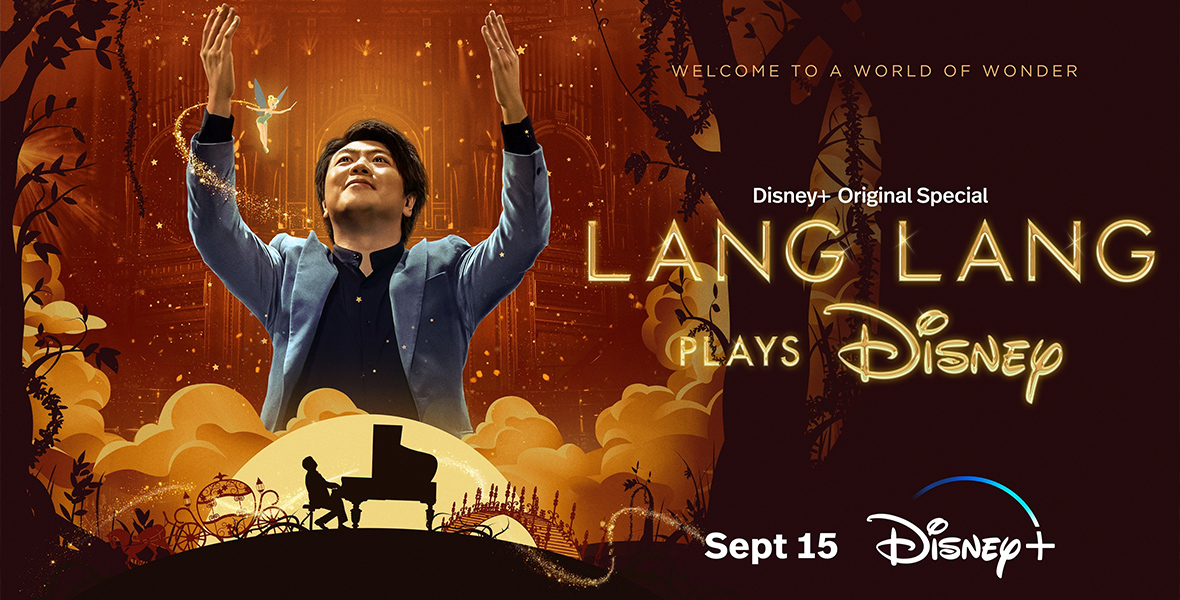 In the key art for Disney+’s Lang Lang Plays Disney, the pianist is seen with his arms raised up, with Tinker Bell flying around his left hand. He’s wearing a light blue suit jacket and a black button-up shirt. Beneath his image is a small silhouette of him at a grand piano, surrounded by some Disney-related imagery like a carriage and a magical bridge. To the right of this combined image is the logo for the special, with the phrase “Welcome to a world of wonder,” and the special’s air date.