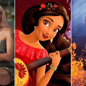 Left: In an image from ABC News’ “The Latin Music Revolution: A Soul of a Nation Presentation,” Colombian artist Karol G is wearing an army-green sequin sleeveless dress and has long light-pink hair. Middle: In an image from Disney’s Elena of Avalor, Elena (voiced by Aimee Carrero) is wearing her signature red dress and holding a guitar. Right: In an image from Disney and Pixar’s Coco, Miguel (voiced by Anthony Gonzalez) is standing in the middle of a darkened room and strumming a white guitar; there are glowing, golden leaves at his feet. He is smiling.