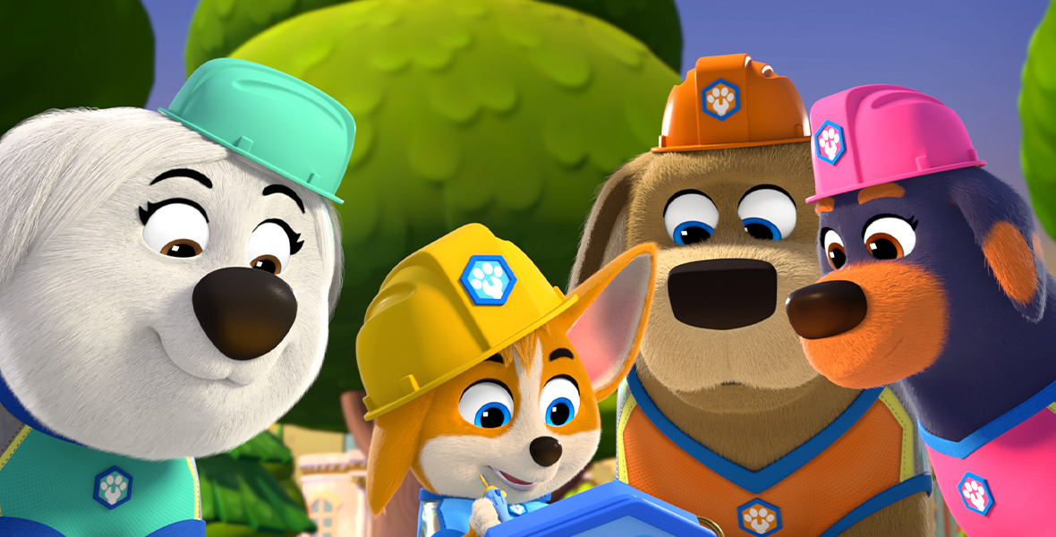 In an image from Disney Branded Television’s Pupstruction, Luna (voiced by Mica Zeltzer), Phinny (voiced by Yonas Kibreab), Tank (voiced by Carson Minniear), and Roxy (voiced by Scarlett Kate Ferguson)—all dogs—are each wearing a hardhat and looking at a clipboard in Phinny’s hands.