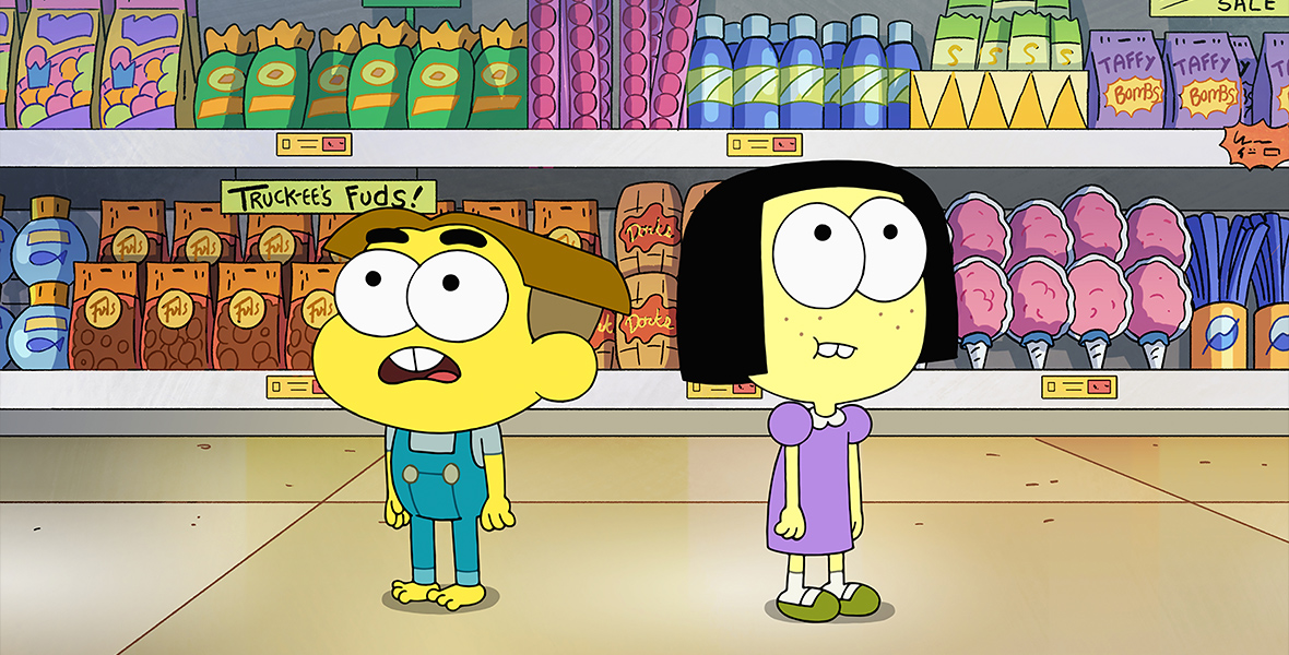 In an image from the first episode of Season 4 of Disney Branded Television’s Big City Greens, Cricket (voiced by Chris Houghton) and Tilly (voiced by Marieve Herington) stand in front of a wall of colorful snacks inside of a gas station food mart.