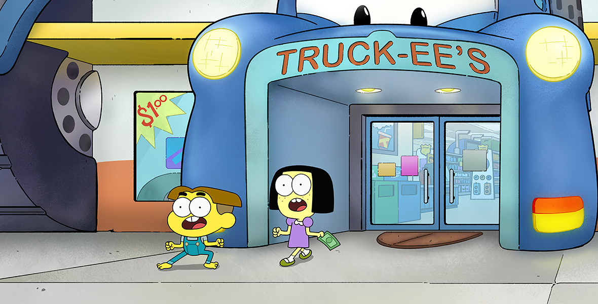 In an image from the first episode of Season 4 of Disney Branded Television’s Big City Greens, Cricket (voiced by Chris Houghton) and Tilly (voiced by Marieve Herington) stand in front of Truck-ee’s, a gas station food mart. They’re both wide-eyed with excitement. 