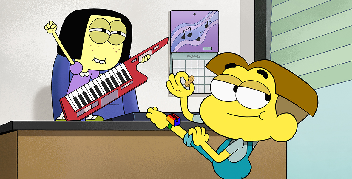 In an image from Season 4 of Disney Branded Television’s Big City Greens, Tilly (voiced by Marieve Herington) and Cricket (voiced by Chris Houghton) are inside an office; Tilly is playing a keytar, standing on top of a desk, while Cricket has his leg up on the desk and is smirking. He’s also holding a peanut.