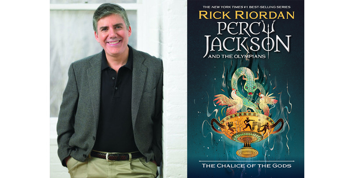 Left: Bestselling young adult novelist Rick Riordan, stands smiling at the camera. He wears a black polo shirt beneath a grey tweed blazer and khaki pants. Right:The front full-color cover of Rick Riordan’s new novel Percy Jackson and the Olympians: The Chalice of the Gods, features a golden chalice at the center with classic hieroglyphics decorating it. Atop the chalice rises a green, scaly serpentine monster, with two white chickens with red-tipped wings in agitated poses.