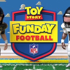 The logo for Toy Story Funday Football is flanked by an animated Jacksonville Jaguars player and an animated Atlanta Falcons player. They are standing on a grassy football in Andy's room from the Toy Story franchise, with its iconic blue cloud wallpaper.