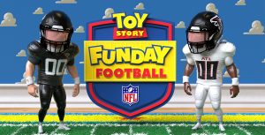 The logo for Toy Story Funday Football is flanked by an animated Jacksonville Jaguars player and an animated Atlanta Falcons player. They are standing on a grassy football in Andy's room from the Toy Story franchise, with its iconic blue cloud wallpaper.
