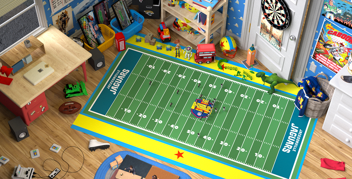 An aerial view of the Toy Story Funday Football field in Andy's room.