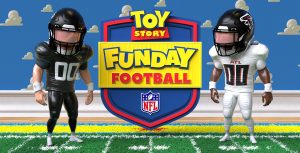 In an image promoting Toy Story Funday Football, the logo for the event&mdash;which features the Toy Story franchise logo at top&mdash;is flanked by two animated football players; the one at left is dressed in a black uniform, for the Jacksonville Jaguars, while the one at right is dressed in white, for the Atlanta Falcons. Behind them is a wall covered in wallpaper that looks like a blue sky covered in white fluffy, animated clouds; beneath their feet is an animated version of astroturf.