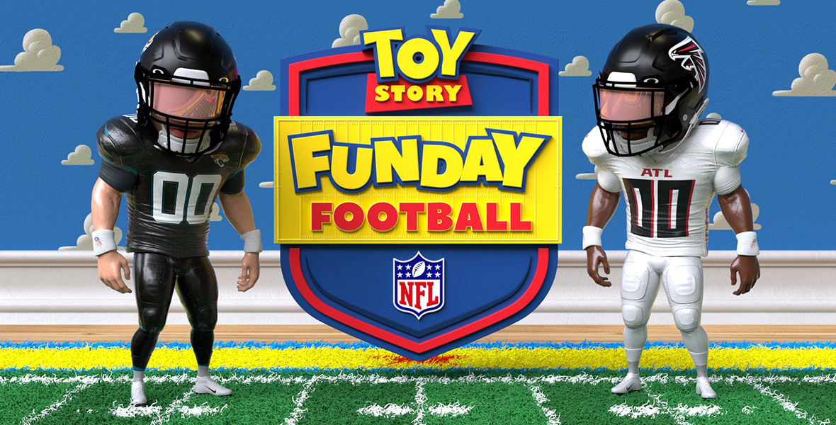 In an image promoting Toy Story Funday Football, the logo for the event—which features the Toy Story franchise logo at top—is flanked by two animated football players; the one at left is dressed in a black uniform, for the Jacksonville Jaguars, while the one at right is dressed in white, for the Atlanta Falcons. Behind them is a wall covered in wallpaper that looks like a blue sky covered in white fluffy, animated clouds; beneath their feet is an animated version of astroturf.