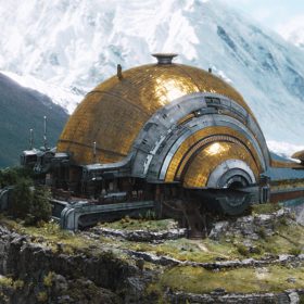 A globular gold and silver building sits atop a mountain in The Creator.