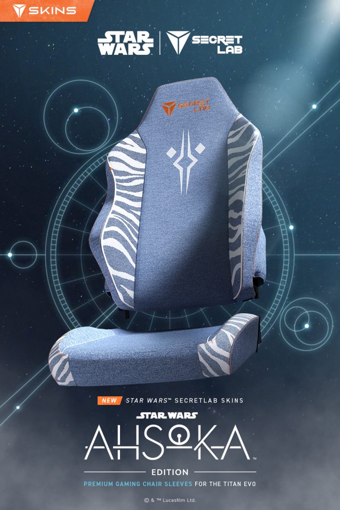 A blue and white gaming chair designed to mimic Ahsoka Tano’s head markings. Above the chair are logos for Star Wars and Secretlab. Below the chair, in white, is the logo for the Star Wars: Ahsoka, along with the text “New Star Wars Secretlab Skins” and “premium gaming chair sleeves for the Titan Evo”
