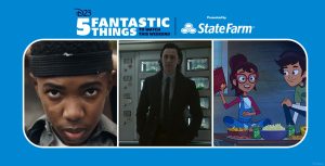 Left: In a still from the Launchpad season 2 short “Black Belts,” KJ Hatton (Seth Carr) is seen tying a black headband around his head. He’s wearing a gray collared shirt. Middle: In an image from the second season of Disney+’s Loki, Tom Hiddleston as the God of Mischief is standing in front of a bank of multiple windowed shelves on a wall, each containing something that appears to be growing. He’s wearing a jacket and a tie. Right: In an image from Disney Branded Television’s Hailey’s On It!, Hailey (voiced by Auli’i Cravalho) is sitting on a roof and holding up a diary-type journal; written on the cover are the words “My Big List of Things I’m Totally Gonna Do.” Hailey is wearing blue jean overalls, a red and white long-sleeved top, and red glasses.