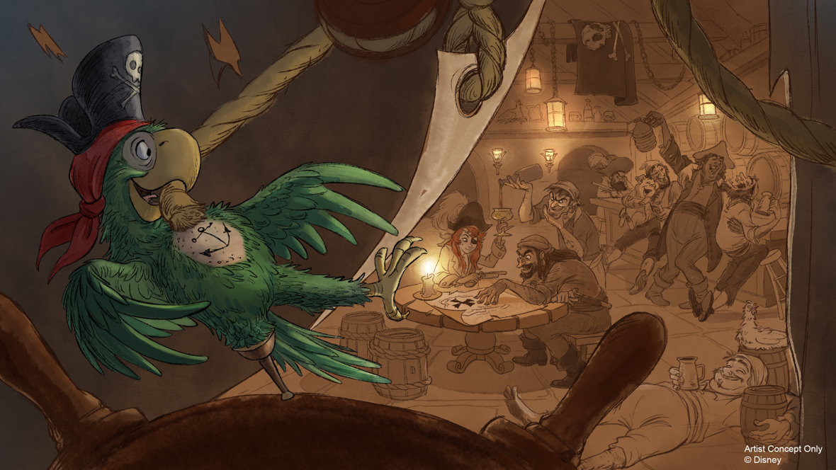 A green parrot in a pirate’s hat pulls on a rope with his mouth. The rope is attached to a sail, behind which a bunch of pirates are having a party while hoisting bottles up in the air.