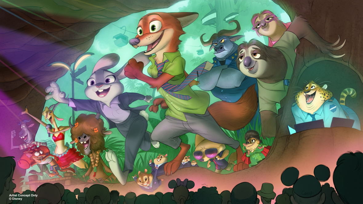 Characters from Zootopia including Nick, Judy, Gazelle, Yax, Police Chief Bogo, Priscilla, the Sloth, and Clawhauser step into a cave with a mini audience in front of them.