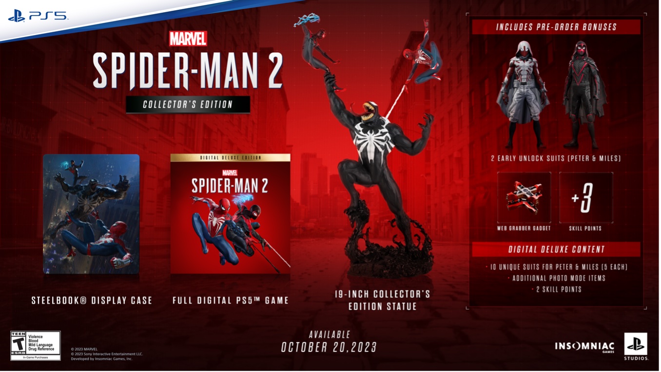 An advertisement for a variety of Spider-Man products against a red-tinted cityscape. The ad includes a poster of Venom fighting Spider-Man, the Spider-Man 2 PS5 game, a statue of Venom fighting Spider-Man and Miles Morales, and a sidebar featuring additional unlockables from the game.