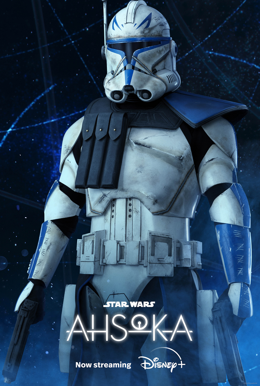 Rex from Ahsoka played by Temuera Morrison is standing in front of a blue galaxy background. Star Wars Ahsoka is written in white on the bottom with now streaming written beneath that with the Disney plus logo written beside now streaming.
