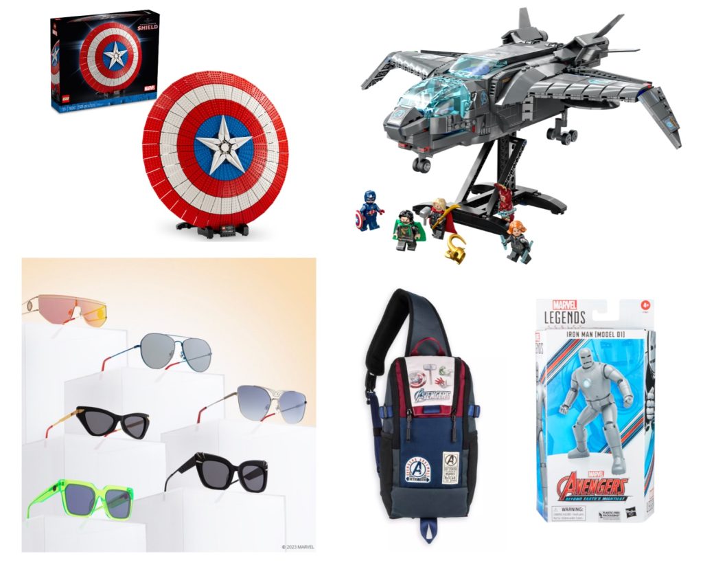 A collage of five images, including a LEGO set of Captain America’s shield, a LEGO set of the Avenger’s Quinjet, a selection of Marvel-themed sunglasses, an Avenger’s backpack, and an Iron Man action figure.