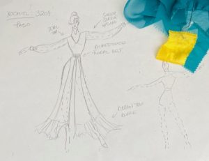 A sketch shows a woman wearing a dress while she holds her hands out. The sleeves are loose-fitting but are fitted to her wrists. The skirt is flowy, and the top is a V-neck. There is a sketch from her backside that shows an outline of a leotard. Yellow and blue fabric are paper clipped to the paper with arrows pointing to the dress, describing parts of it.