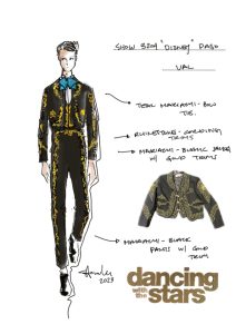 A sketch shows a man dressed in a mariachi-inspired costume. The Dancing with the Stars logo is in the bottom right corner and there are arrows coming off the man in the sketch with descriptors of his outfit.