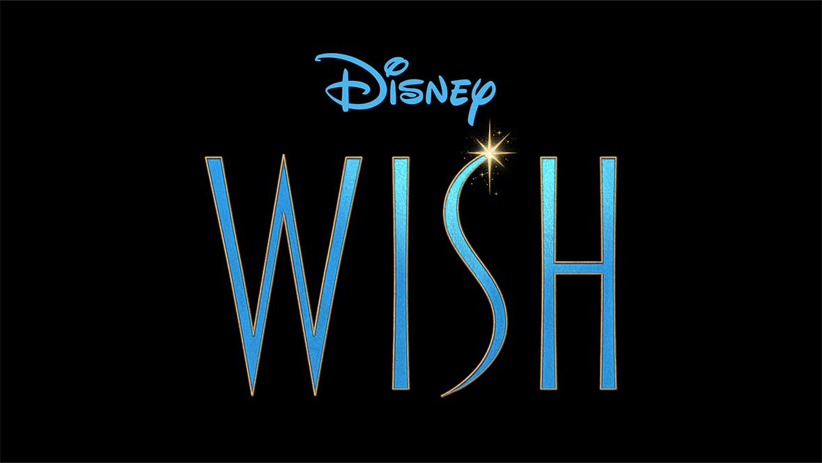 On a black background Disney is written in blue. Below that Wish is written in gradient blue with a gold star at the top of the S.