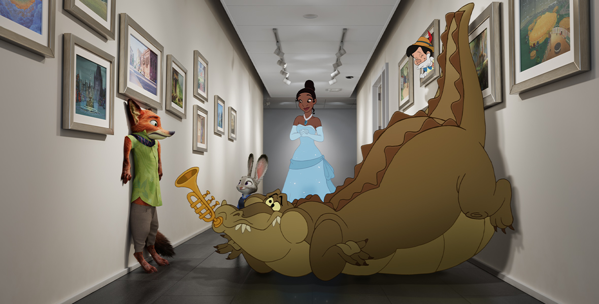In hallway with framed animation art lining both walls, Nick Wilde from Zootopia stands with his back to one wall, looking somewhere between frightened and surprised, as Louis, the huge alligator from The Princess and the Frog, fills the space in front of him, with a trumpet in his mouth, pointing at Nick. Behind Louis stand Judy Hopps and Tiana, both of them smiling. Pinocchio is emerging from one of the framed images on the right wall, with just his head and neck showing and one hand over his mouth as he laughs with his eyes closed.
