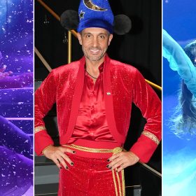 In Dancing with the Stars' "Disney100 Night" episode, Ariana Madix outstretches her arms as Pasha Pashkov supports her from behind; Mauricio Umansky wears a Sorcerer Mickey-inspired costume; and Jason Mraz guides Daniella Karagach across the dance floor.