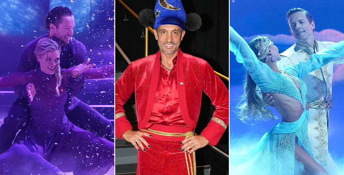 In Dancing with the Stars' "Disney100 Night" episode, Ariana Madix outstretches her arms as Pasha Pashkov supports her from behind; Mauricio Umansky wears a Sorcerer Mickey-inspired costume; and Jason Mraz guides Daniella Karagach across the dance floor.