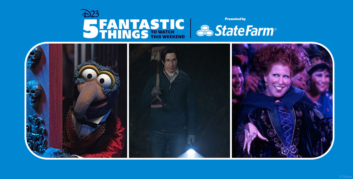 Left: In an image from Muppets Haunted Mansion, Gonzo (voiced by Dave Goelz) peers around a spooky looking door. He’s wearing a red smoking jacket. Middle: In an image from the Disney+ and Hulu series Goosebumps, Mr. Bratt (Justin Long) is standing in the darkness holding a shovel up on one shoulder and holding a flashlight in his other hand. He’s wearing gloves, a dark zip-up jacket, and jeans, as well as glasses. Right: In an image from Disney’s Hocus Pocus, Winifred Sanderson (Disney Legend Bette Midler) is working her way through a crowd. She’s smiling and looking at someone off camera to the left; she wears her iconic green embroidered dress and cape.