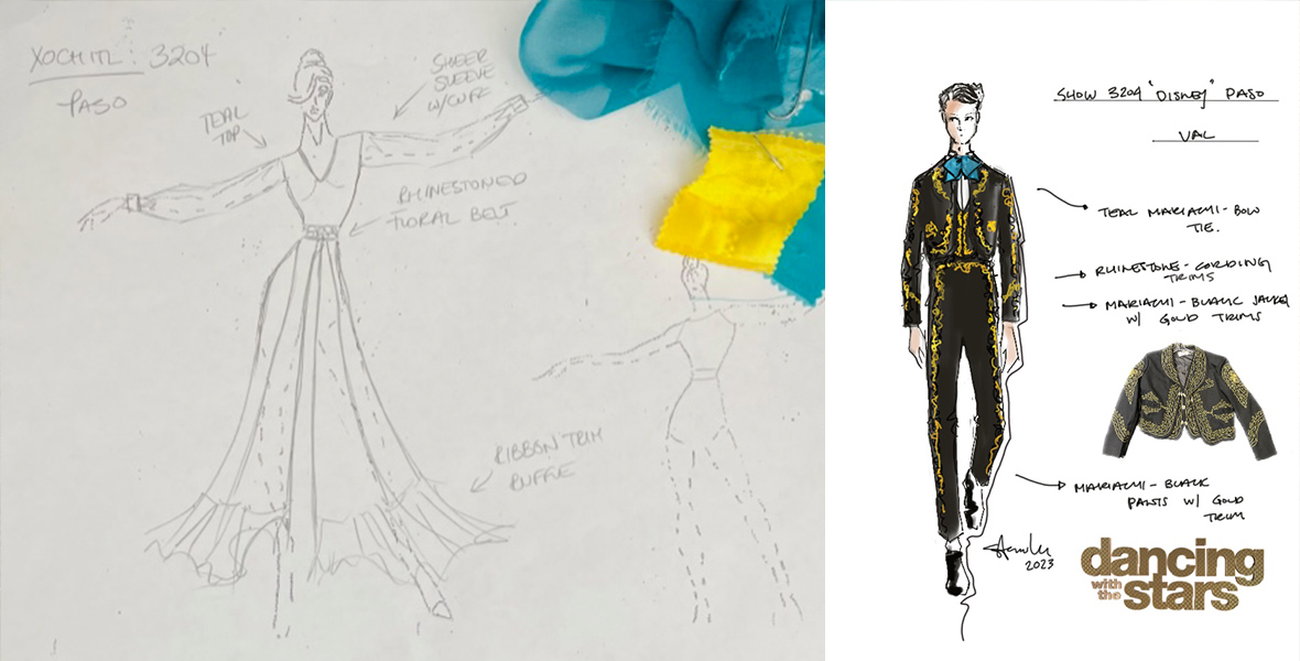 Left: A sketch shows a woman wearing a dress while she holds her hands out. The sleeves are loose-fitting but are fitted to her wrists. The skirt is flowy, and the top is a V-neck. There is a sketch from her backside that shows an outline of a leotard. Yellow and blue fabric are paper clipped to the paper with arrows pointing to the dress, describing parts of it. Right: A sketch shows a man dressed in a mariachi-inspired costume. The Dancing with the Stars logo is in the bottom right corner and there are arrows coming off the man in the sketch with descriptors of his outfit. 