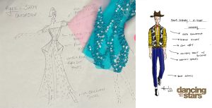 Left: A sketch shows a woman dressed in a top and pants. The top has puff sleeves and a peplum detail in the back while her pants are flowy and feature polka dots. Three pieces of fabric are paper clipped to the paper: pink, a blue rhinestone, and white with pink polka dots. Arrows point to her with descriptive words of the outfit. Right: A sketch shows a man dressed in Woody&rsquo;s outfit from Toy Story. There are arrows coming off the man in the sketch with descriptors of his outfit. In the bottom right corner is the Dancing with the Stars logo.