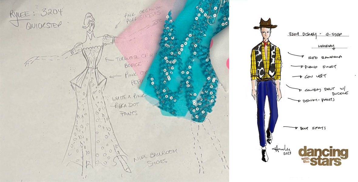 Left: A sketch shows a woman dressed in a top and pants. The top has puff sleeves and a peplum detail in the back while her pants are flowy and feature polka dots. Three pieces of fabric are paper clipped to the paper: pink, a blue rhinestone, and white with pink polka dots. Arrows point to her with descriptive words of the outfit. Right: A sketch shows a man dressed in Woody’s outfit from Toy Story. There are arrows coming off the man in the sketch with descriptors of his outfit. In the bottom right corner is the Dancing with the Stars logo. 