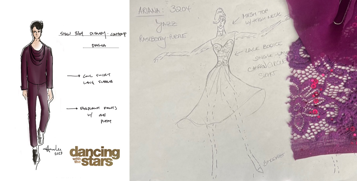 Left: A sketch shows a man dressed in a matching burgundy long-sleeve shirt with a cowl neck and pants. Arrows point off of him with descriptor words of the outfit. In the bottom right corner is the Dancing with the Stars logo. Right: A sketch shows a woman dressed in a dress that hits just at the knee and has a flowy skirt. A piece of burgundy fabric is attached to the paper with a paperclip and arrow point to her with descriptor words. In the bottom right corner is the Dancing with the Stars logo. 