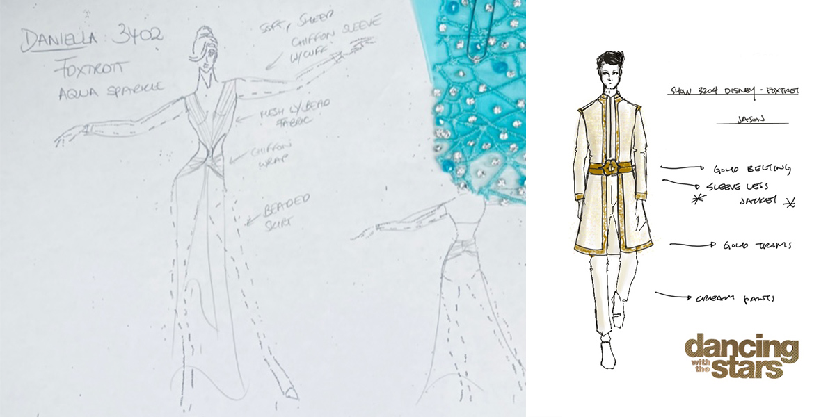 Left: A sketch shows a woman dressed in a dress while she holds her hands out. The dress sinches at the waist with cutouts and the skirt goes straight down. Blue fabric and rhinestone fabric are paperclipped to the paper. Arrows point to the woman with descriptive words of her dress. Right: A sketch shows a man dressed in a white, long vest with gold detailing and white pants. Arrows point off of him with descriptor words of the outfit. In the bottom right corner is the Dancing with the Stars logo. 