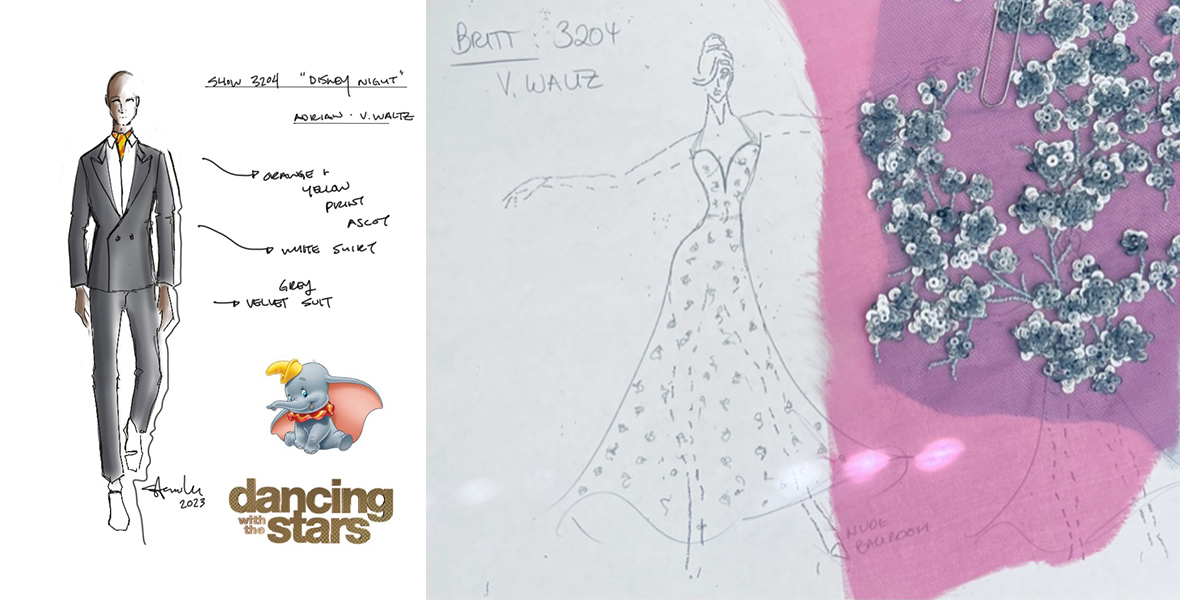 Left: A sketch shows a man dressed in a gray suit with a white shirt and a yellow and orange striped tie. Dumbo is in the bottom right corner and under him is the Dancing with the Stars logo. There are arrows coming off the man in the sketch with descriptors of his outfit. Right: A sketch shows a woman wearing a dress that has a fitted bodice and a flowy skirt. It has rhinestones all over and attached to the paper is a piece of pink fabric with silver rhinestones on it.