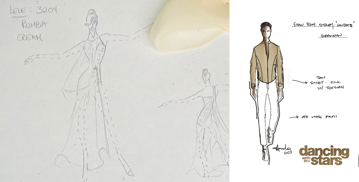 Left: A sketch shows a woman wearing a dress that has a fitted bodice and a flowy skirt and a piece of fabric coming off her neck. Attached to the paper is a piece of cream fabric. Right: A sketch shows a man dressed in a brown shirt and white pants. In the bottom right corner is the Dancing with the Stars logo. There are arrows coming off the man in the sketch with descriptors of his outfit. 