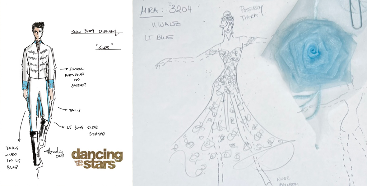 Left: A sketch shows a man dressed in a white prince’s suit with blue lining. In the bottom right corner is the Dancing with the Stars logo. There are arrows coming off the man in the sketch with descriptors of his outfit. Right: A sketch shows a woman wearing a dress that has a fitted bodice and a flowy skirt. It has roses all over it and a blue rose made of fabric is paperclipped to the paper. The woman in the sketch is also wearing a tiara and the words Mira V. Waltz LT Blue are written on the paper.