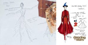 Left: A sketch shows a woman wearing a dress that has long sleeves and fringe coming off the bottom. There are two pieces of fabric attached to the paper, including a wooden printed one and a beige swatch with rhinestones on it. Right: A sketch shows a man dressed as Mickey Mouse from Fantasia as he is wearing a red shirt and pants with a skirt coming off the pack. Mickey Mouse from Fantasia is next to him and the Dancing with the Stars logo is in the bottom right corner. Arrows come off the man with descriptor words of his outfit.