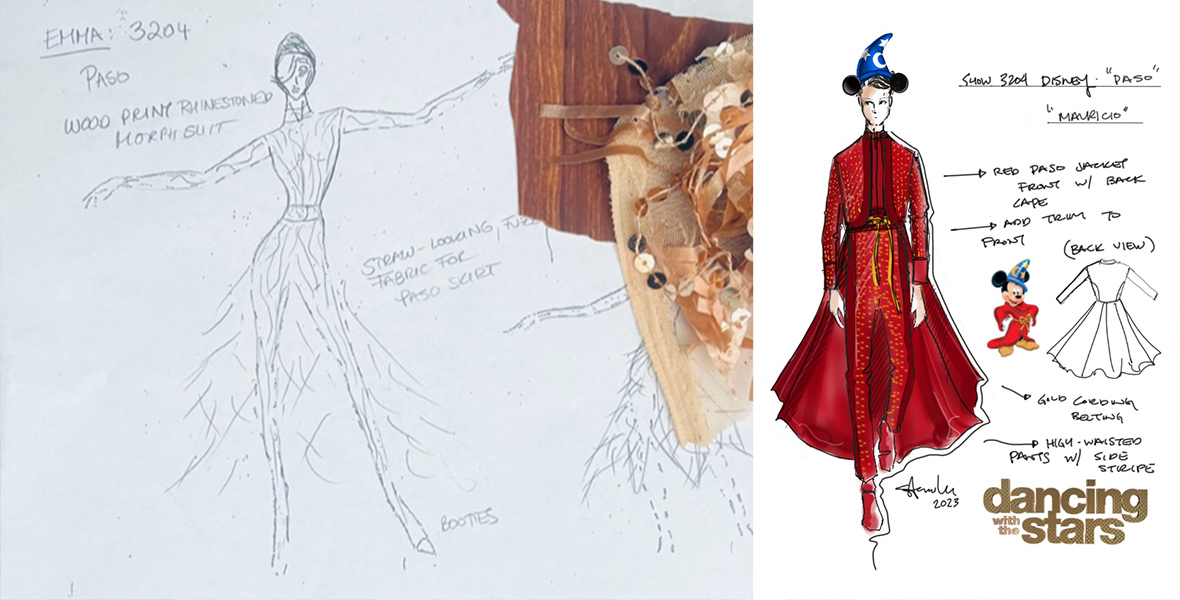 Left: A sketch shows a woman wearing a dress that has long sleeves and fringe coming off the bottom. There are two pieces of fabric attached to the paper, including a wooden printed one and a beige swatch with rhinestones on it. Right: A sketch shows a man dressed as Mickey Mouse from Fantasia as he is wearing a red shirt and pants with a skirt coming off the pack. Mickey Mouse from Fantasia is next to him and the Dancing with the Stars logo is in the bottom right corner. Arrows come off the man with descriptor words of his outfit. 