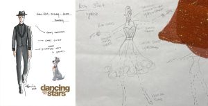 Left: A sketch shows a man dressed in a gray pinstripe suit. Tramp from Lady and the Tramp is in the bottom right corner and under him is the Dancing with the Stars logo. There are arrows coming off the man with descriptor words of his outfit. Right: A sketch shows a woman dressed in a dress with a ruffled skirt and thin strapped top. There is a rusty sparkly fabric attached to the paper and there are arrows coming off her with descriptor words of her outfit.