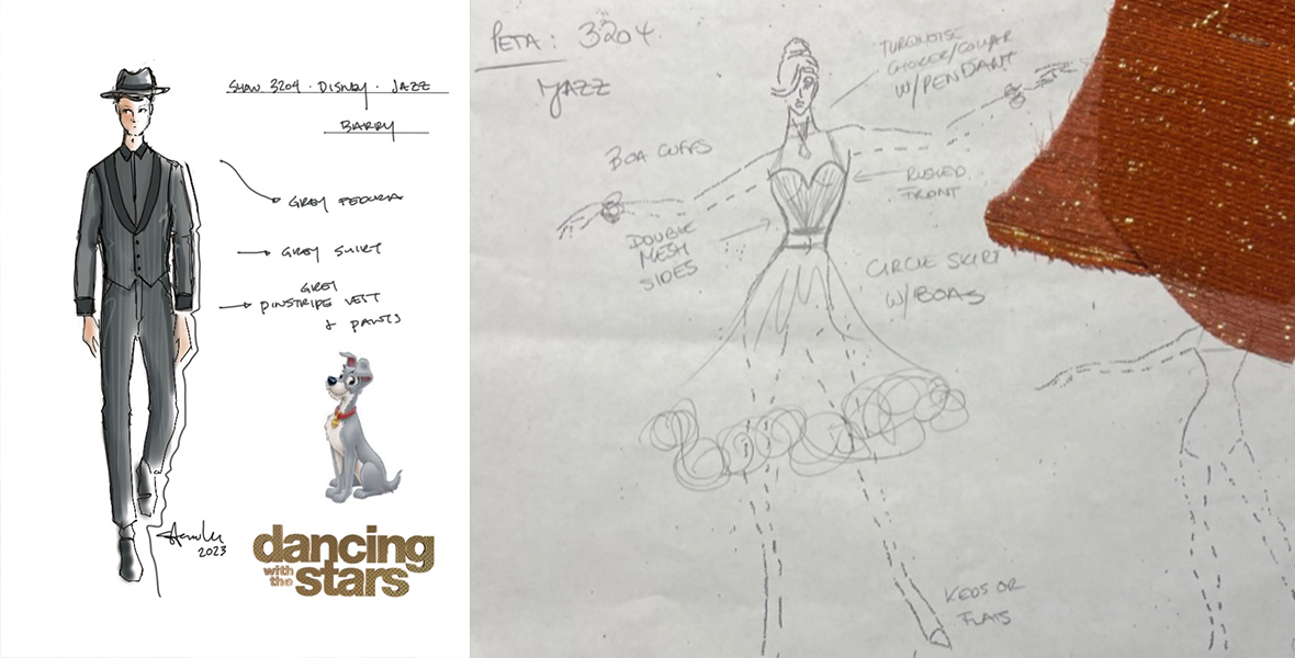 Left: A sketch shows a man dressed in a gray pinstripe suit. Tramp from Lady and the Tramp is in the bottom right corner and under him is the Dancing with the Stars logo. There are arrows coming off the man with descriptor words of his outfit. Right: A sketch shows a woman dressed in a dress with a ruffled skirt and thin strapped top. There is a rusty sparkly fabric attached to the paper and there are arrows coming off her with descriptor words of her outfit. 